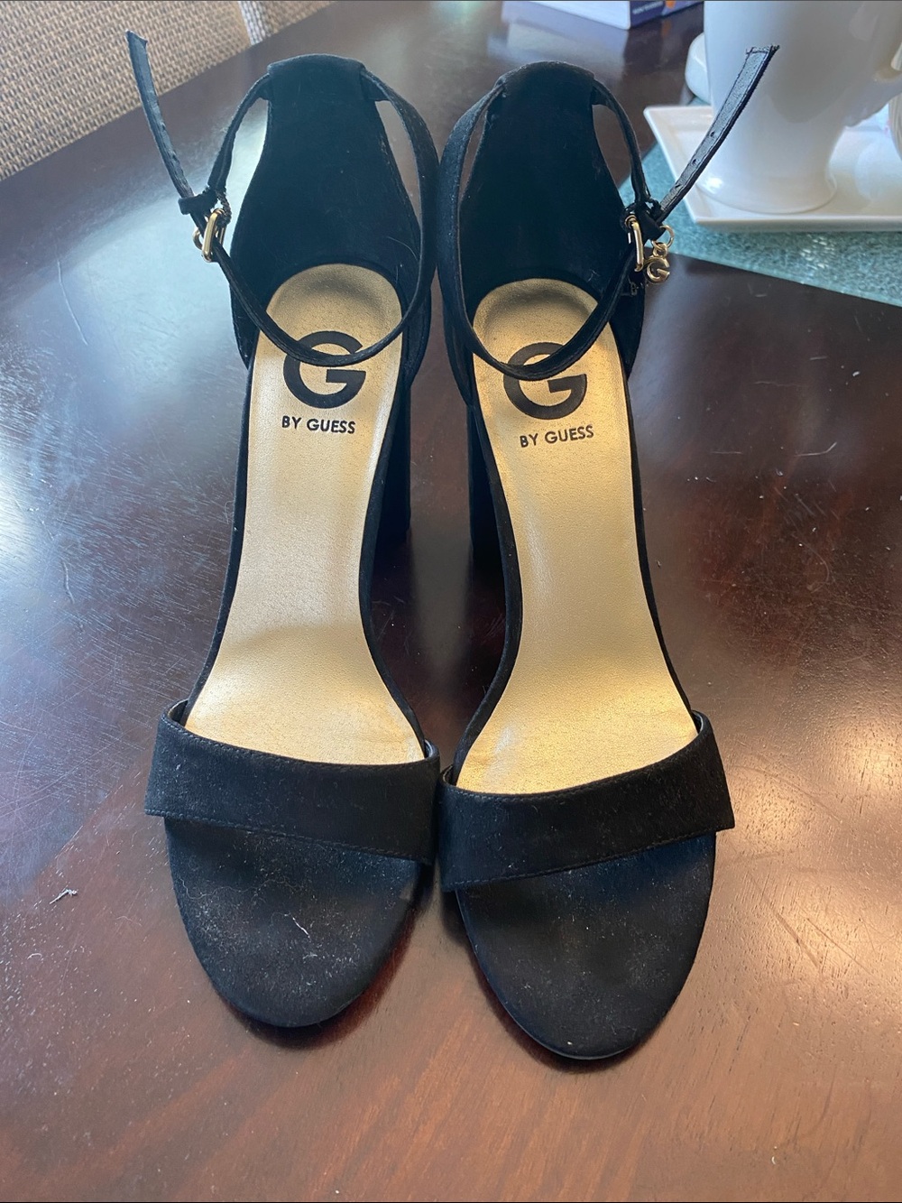 G by Guess Black Suede Open-Toe Ankle-Strap Heels